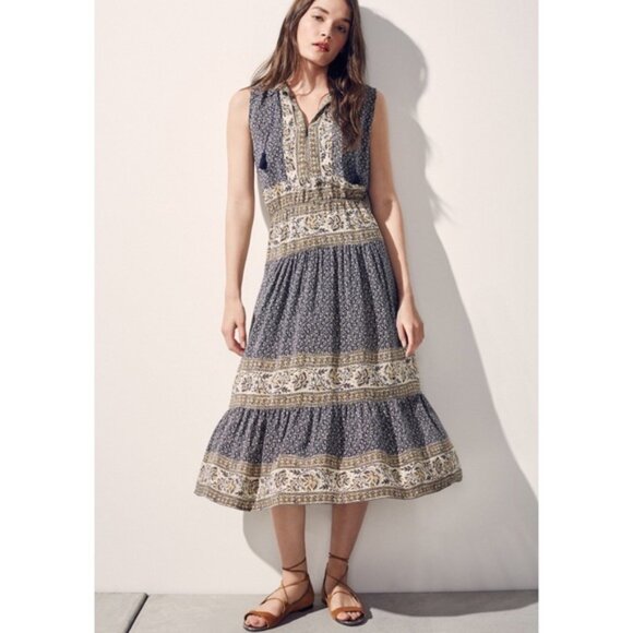 Sea New York Sabine Dress Size 4 Silk Blue Printed Midi Tassel Sleeveless Boho - Picture 1 of 12